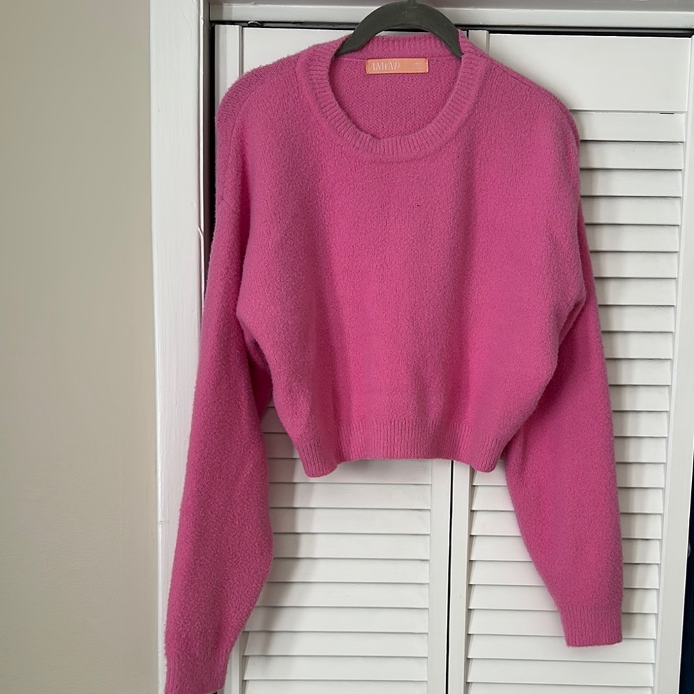 Vibrant Pink Crew Neck Sweater with Ribbed Detailing